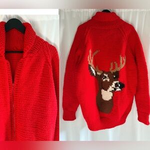 MARY MAXIM Deer Hand Knit Vivid Red Zipper Cardigan - XL